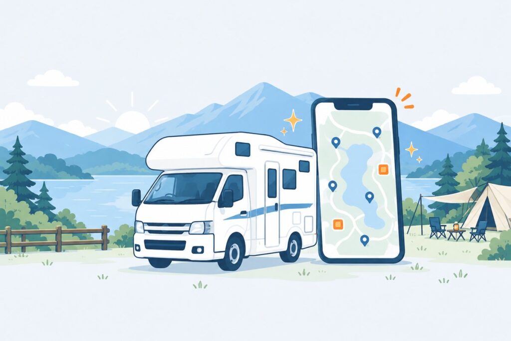 キャンピングカーと、施設のピンが並ぶ地図を映したスマートフォンのイラスト