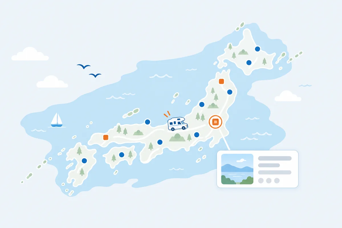 日本地図の上に施設のピンが並び、選んだ施設の情報が出るイラスト