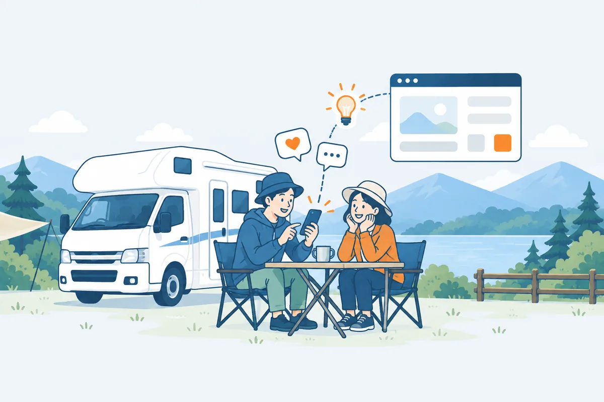 キャンピングカーの横で、スマートフォンからサイトへの意見を送る2人のイラスト