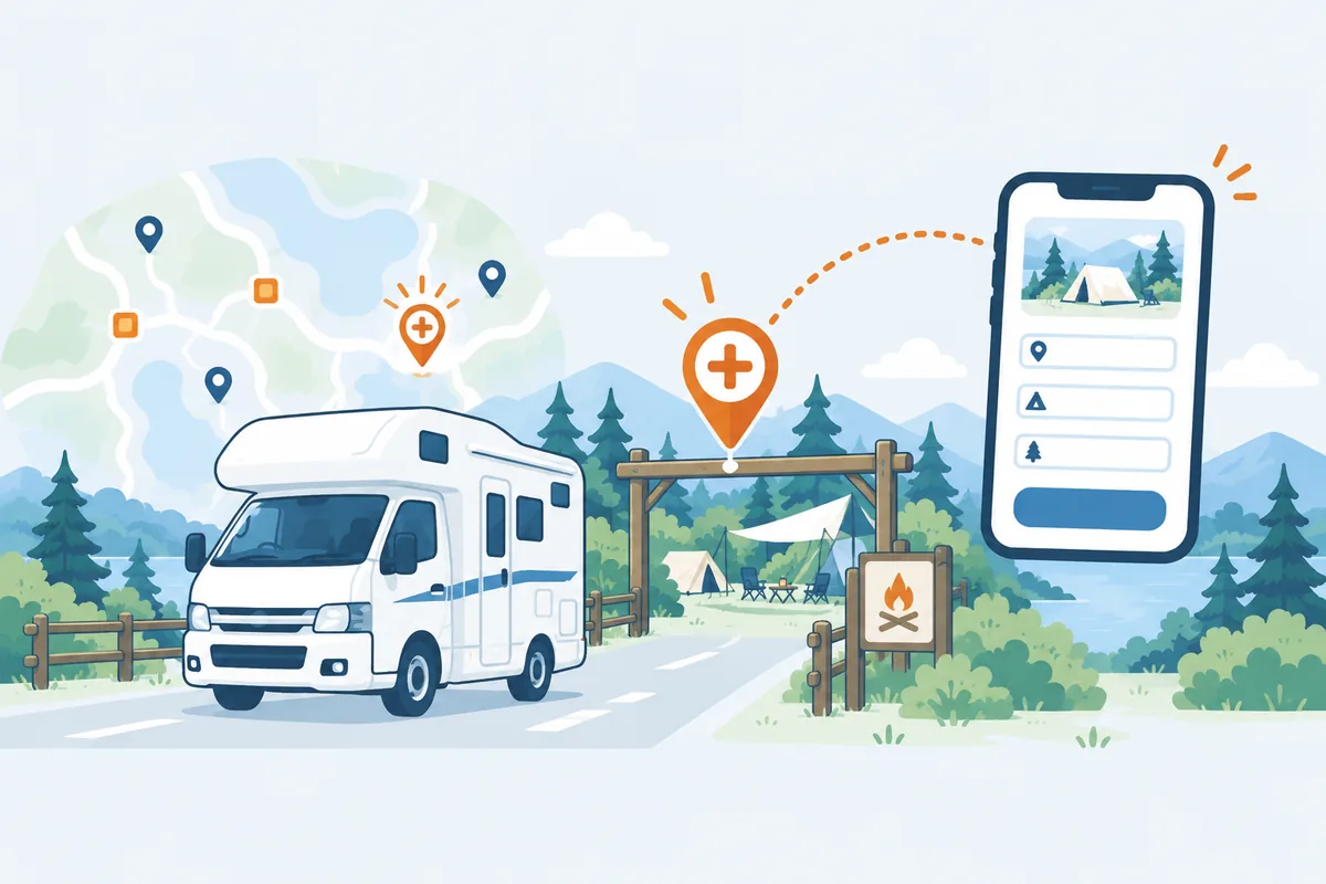 新しい施設を地図に加えて、スマートフォンのフォームから情報を送るイラスト